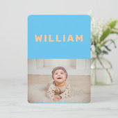 RÊVE| Carte faire-part de naissance bleue et orang (Debout devant)