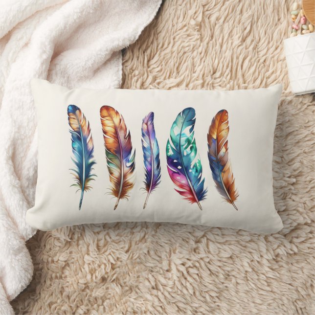 Reversible Multicolor Boho Feathers - Blue Graphic Kussen (Deken)