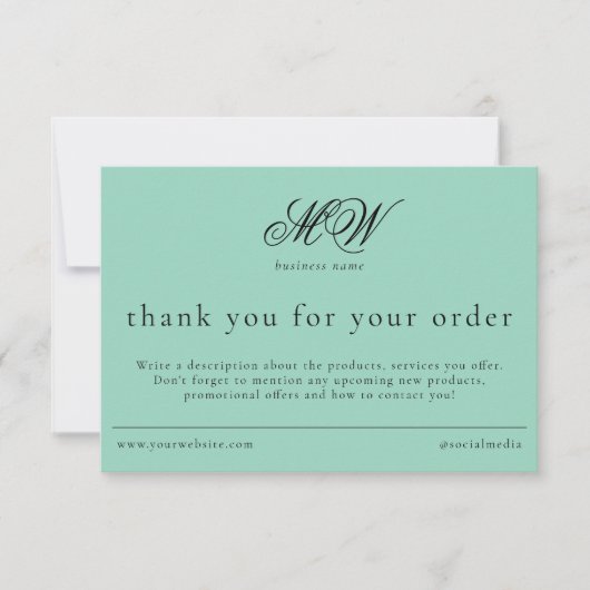 Review Order Packaging Insert Script Monogram Teal Bedankkaart (Voorkant)