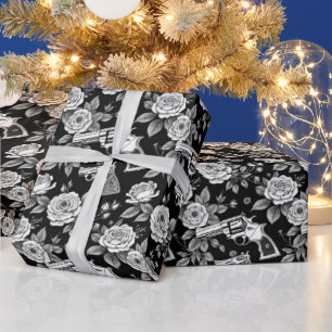  Revolver Floral Illustration Zwart Wit Cadeaupapier