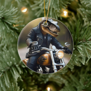 **"Revved Up Rex: T-Rex in leer op een motor Keramisch Ornament