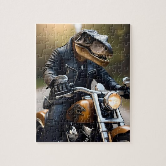 **"Revved Up Rex: T-Rex in leer op een motor Legpuzzel (Verticaal)