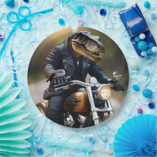 **"Revved Up Rex: T-Rex in leer op een motor Papieren Bordje