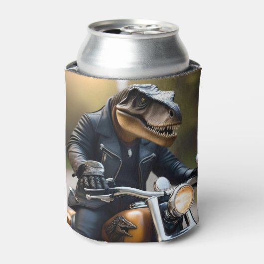 Revved Up Rex: T-Rex in leer op een motorfiets, Blikjeskoeler (Blikje Voorkant)