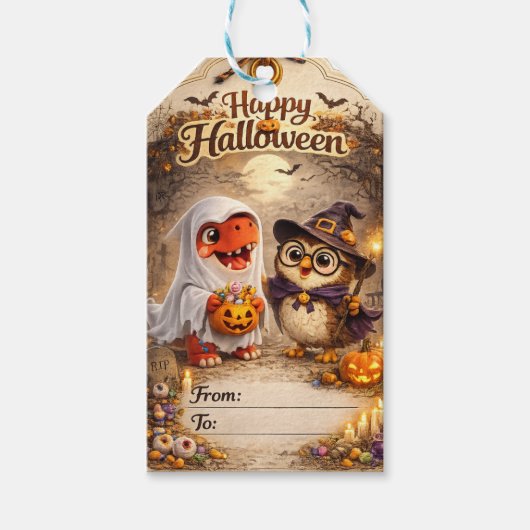 Rex and hoot Halloween ghost dinosaur in which owl Cadeaulabel (Voorkant)