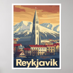 Reykjavik Iceland Art Vintage Travel Illustratie Poster