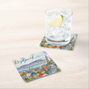 Reykjavik IJsland souvenir aquarel Vierkante Kartonnen Onderzetter