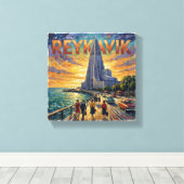 Reykjavik Waterfront Glow Kerk Canvas Afdruk (Insitu (Houten vloer))