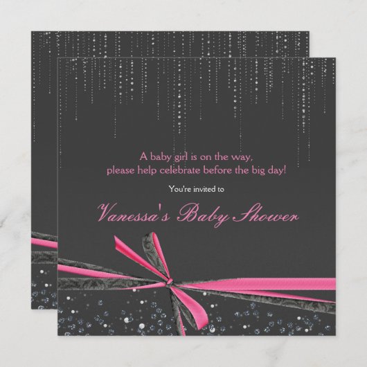 Rhinestone Gris & Pink Bow Bébé Douche Invitations (Devant / Derrière)