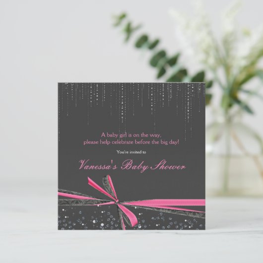 Rhinestone Gris & Pink Bow Bébé Douche Invitations (Debout devant)