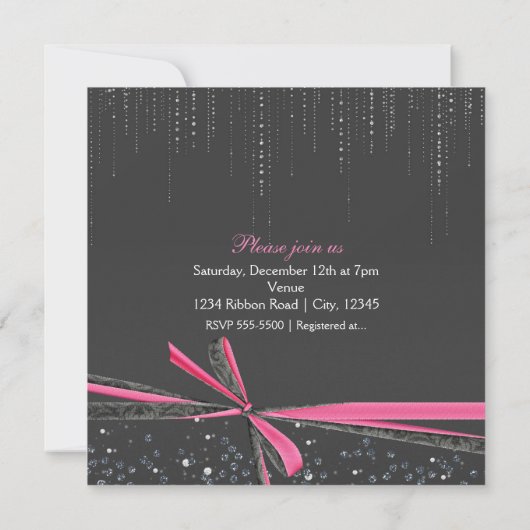 Rhinestone Gris & Pink Bow Bébé Douche Invitations (Dos)