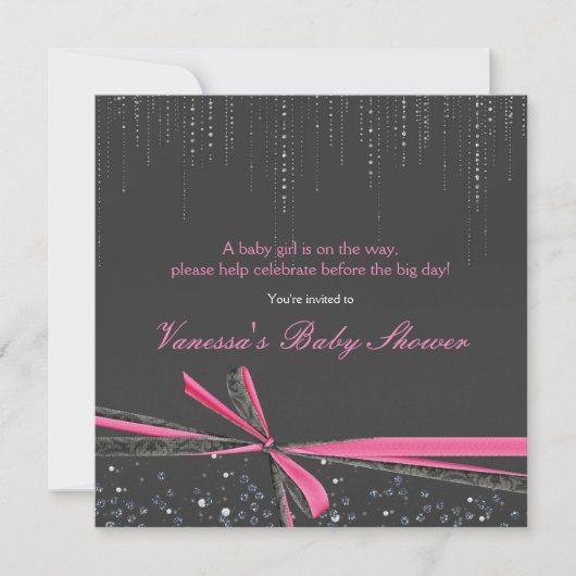 Rhinestone Gris & Pink Bow Bébé Douche Invitations (Devant)