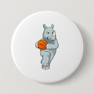 Rhino als Basketbalspeler met Basketball Ronde Button 7,6 Cm