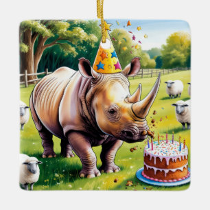Rhino dragen verjaardagsfeestje in het engels pet keramisch ornament