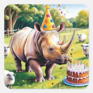 Rhino dragen verjaardagsfeestje in het engels pet vierkante sticker