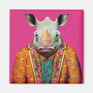 Rhino in Funky Suits Dierlijke Mode Art Pink Magneet