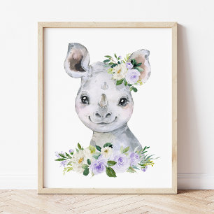 Rhino, Safari, paarse bloemen, genderneutraal Poster