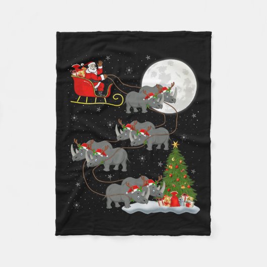 Rhino Santa Sleigh Flying Funny Magical Christmas Fleece Deken (Voorkant)