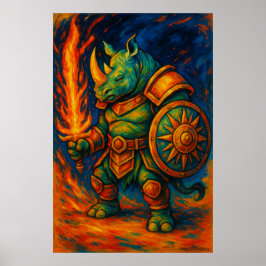 Rhino Warrior Wall Art – Fiery Sword Guardian Poster