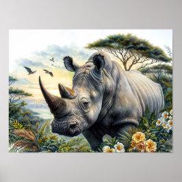 Rhinoceros Botanical Floral Waterverf Art Poster