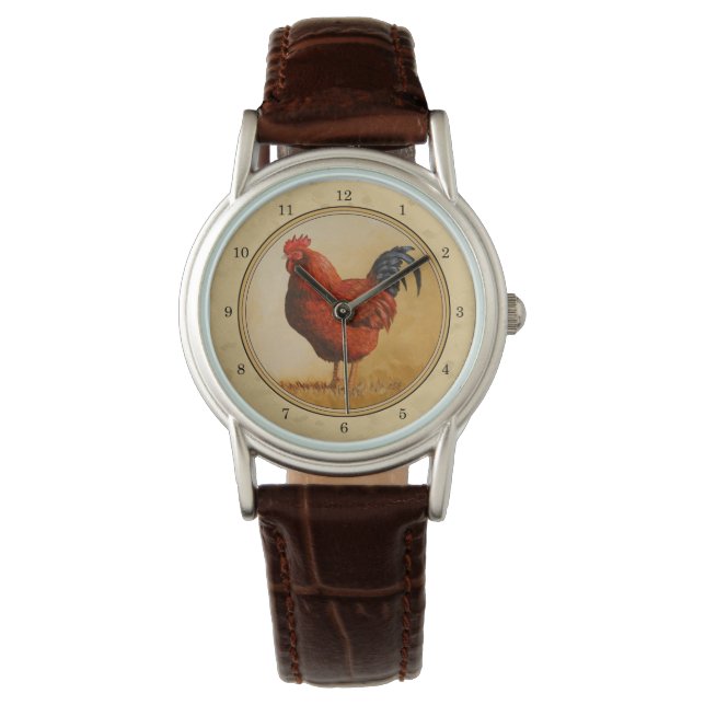 Rhode Island Red Rooster Yellow Background Horloge (Voorkant)