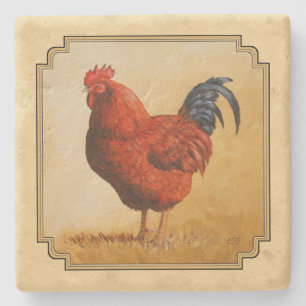Rhode Island Red Rooster Yellow Background Stenen Onderzetter