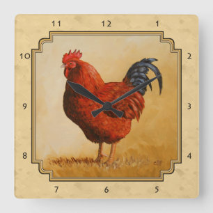 Rhode Island Red Rooster Yellow Background Vierkante Klok