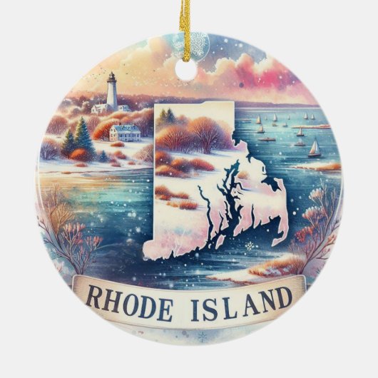 Rhode Island Sneeuwrijke Winter Kerstboom Keramisch Ornament (Achterkant)