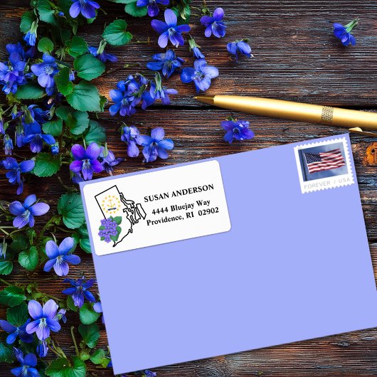 Rhode Island Vlag & Bloem Blauw Violet Custom Etiket