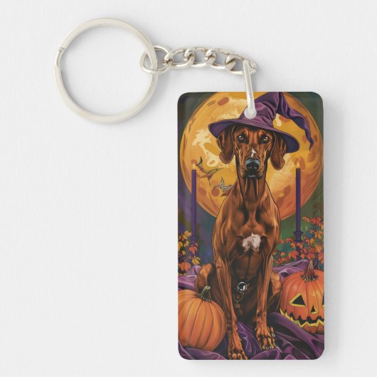 Rhodesian Ridgeback Hond Halloween Heksenpompoen Sleutelhanger (Voorkant)