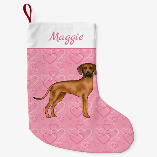 Rhodesian Ridgeback hond op roze harten met naam Kleine Kerstsok (Voorkant)