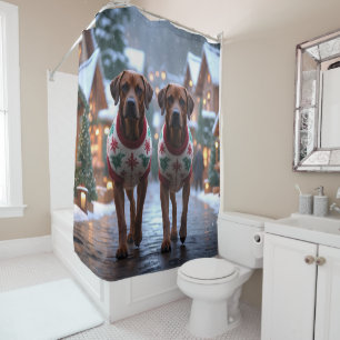 Rhodesian Ridgeback Honden Kerst Sneeuw Vakantie Douchegordijn