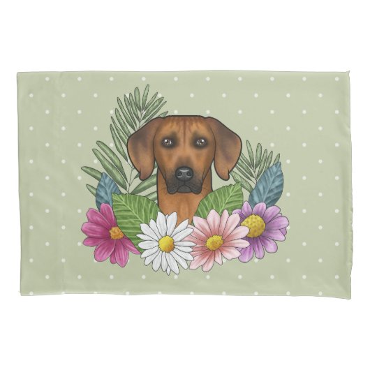 Rhodesian Ridgeback Hoofd Kleurrijke Bloemen Op Gr Kussensloop (Voorkant-Links)