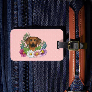 Rhodesian Ridgeback Kop Kleurrijke Bloemen Op Roze Bagagelabel