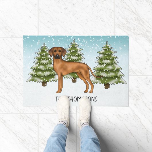 Rhodesian Ridgeback met naam Snowy Winter Forest Deurmat (Binnen)