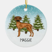 Rhodesian Ridgeback met naam Snowy Winter Forest Keramisch Ornament (Voorkant)