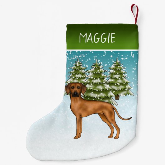 Rhodesian Ridgeback met naam Snowy Winter Forest Kleine Kerstsok (Achterkant)