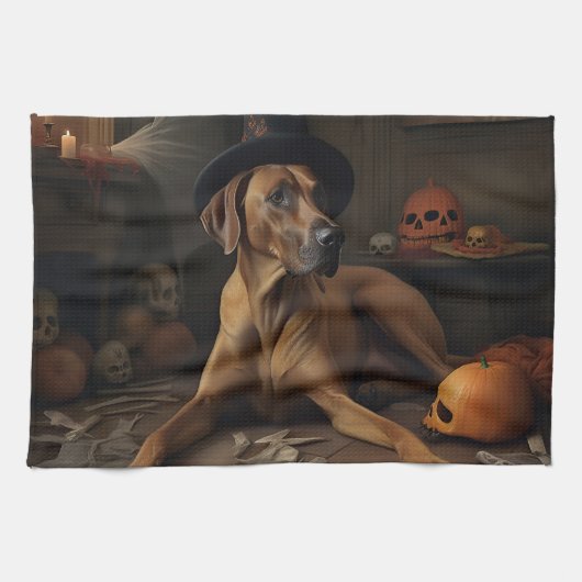 Rhodesian Ridgeback Pumpkins Halloween Scary Theedoek (Horizontaal)