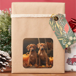 Rhodesian Ridgeback Pup Autumn Delight Pompoen Vierkante Sticker