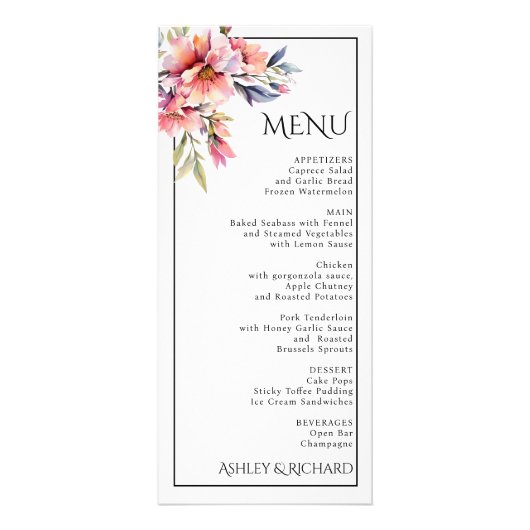 Rhododendron and peach flowers wedding menu card (Devant)