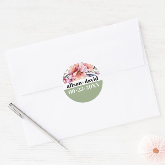 Rhododendron branch and bold typography wedding ronde sticker (Envelop)