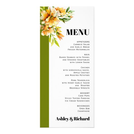 Rhododendron orange yellow fall wedding menu card (Devant)