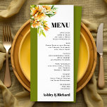 Rhododendron orange yellow fall wedding menu card<br><div class="desc">Rhododendron branch and flowers fall wedding menu card. This budget-friendly wedding menu card features an elegant, nature-inspired design. A graceful rhododendron branch with orange, yellow blooms embellishes a crisp white border, while a n olive green band on the left side enhances its refined appeal. The word “MENU” and the couple’s...</div>