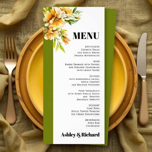 Rhododendron orange yellow fall wedding menu card