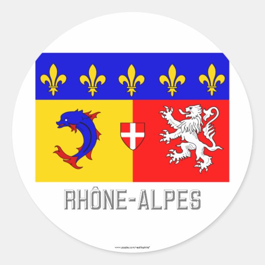 Rhône-Alpes vlag met naam Ronde Sticker (Voorkant)