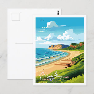 Rhossili Bay Swansea vintage reisillustratie Briefkaart