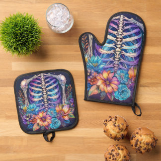Ribbenkast en bloemen ontwerp ovenwant & pannenlap set