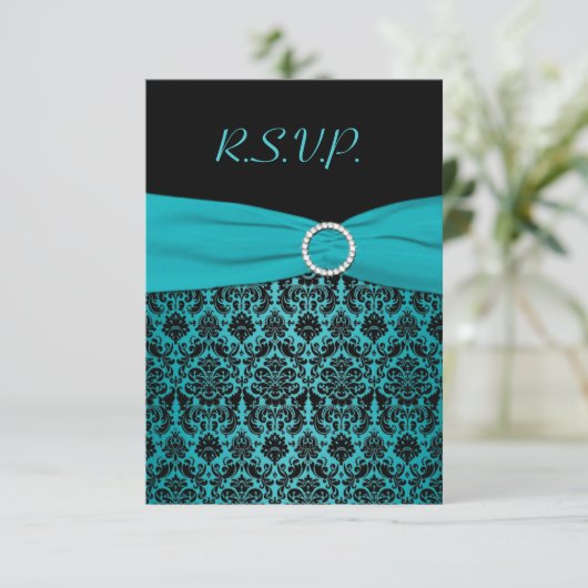 RIBBON Aqua IMPRIMÉ, Carte de réponse en Damas noi (Debout devant)