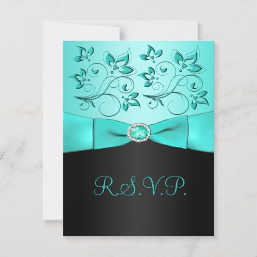 RIBBON Aqua IMPRIMÉ, Carte RSVP Florale Noire (Devant)