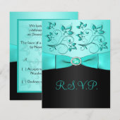 RIBBON Aqua IMPRIMÉ, Carte RSVP Florale Noire (Devant / Derrière)